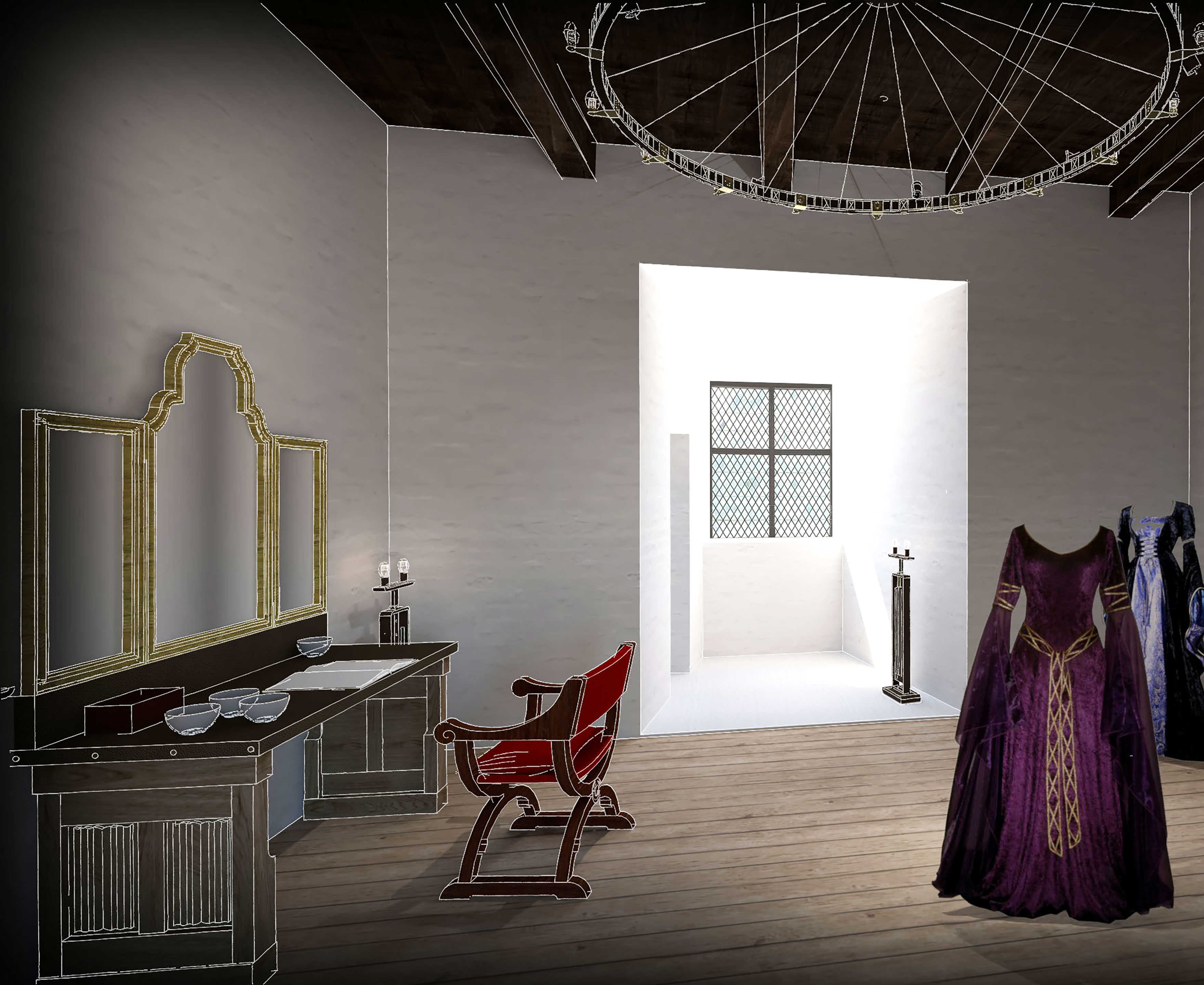 En visualisering inde fra slottet udarbejdet af Moesgaards udstillingstegnestue