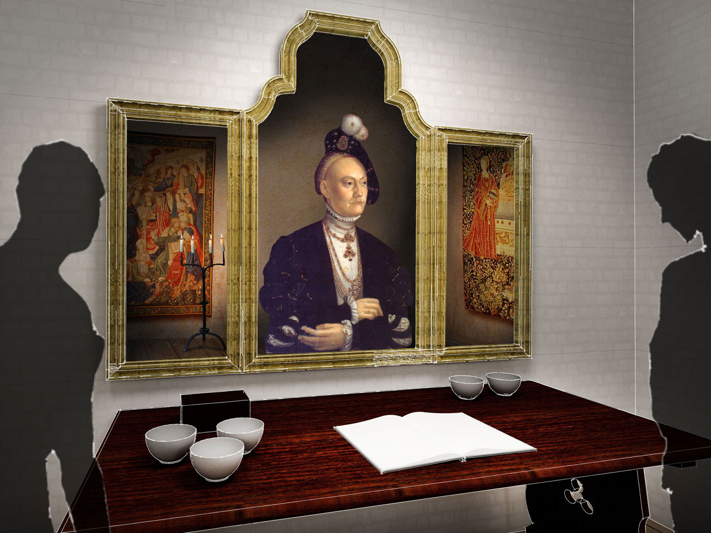 Visualisering af formidlingen i Dronningens Værelse i Kongefløjens 3. stokværk. Rendering: Moesgaards udstillingstegnestue