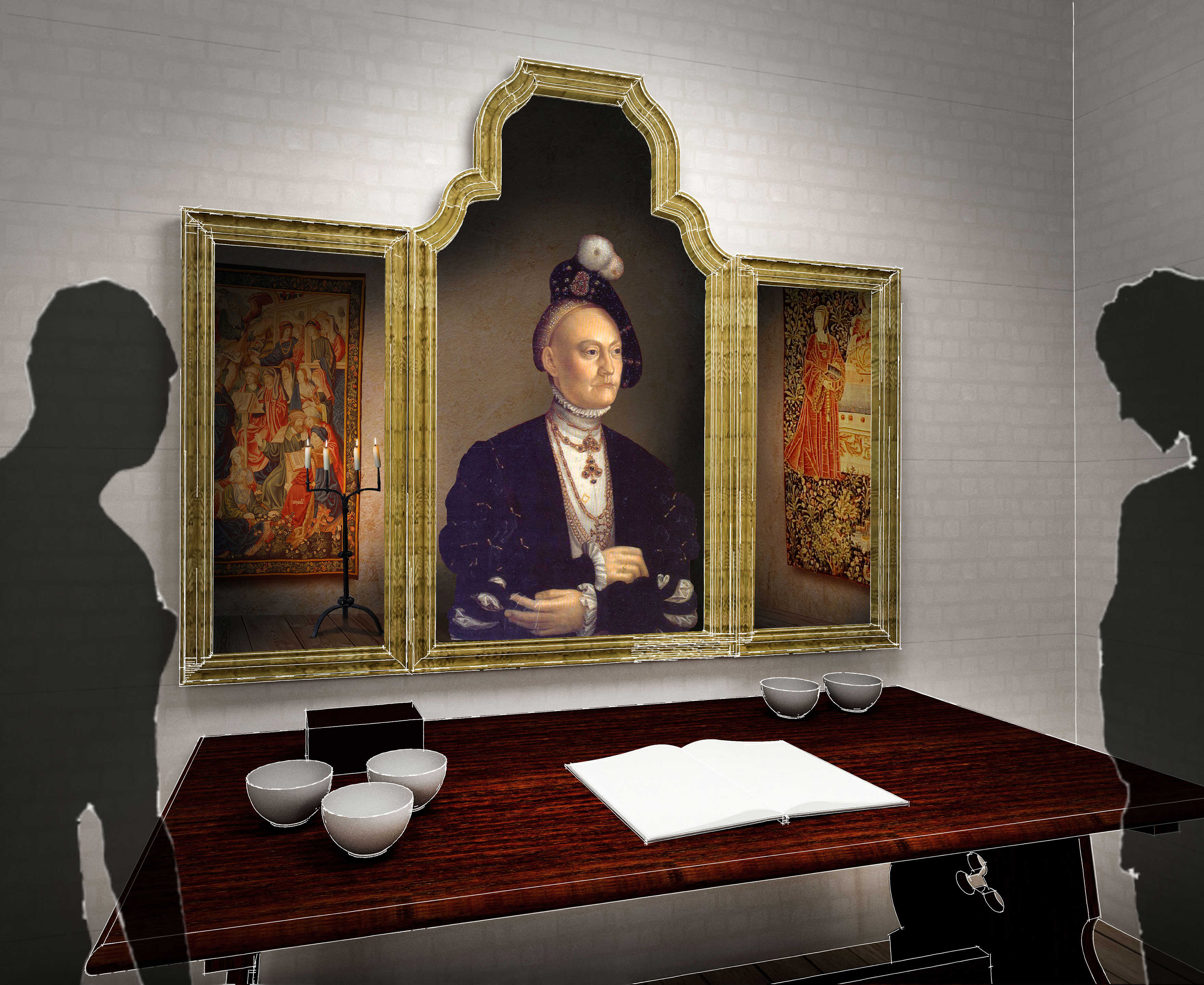 Visualisering af formidlingen i Dronningens Værelse i Kongefløjens 3. stokværk. Rendering: Moesgaards udstillingstegnestue